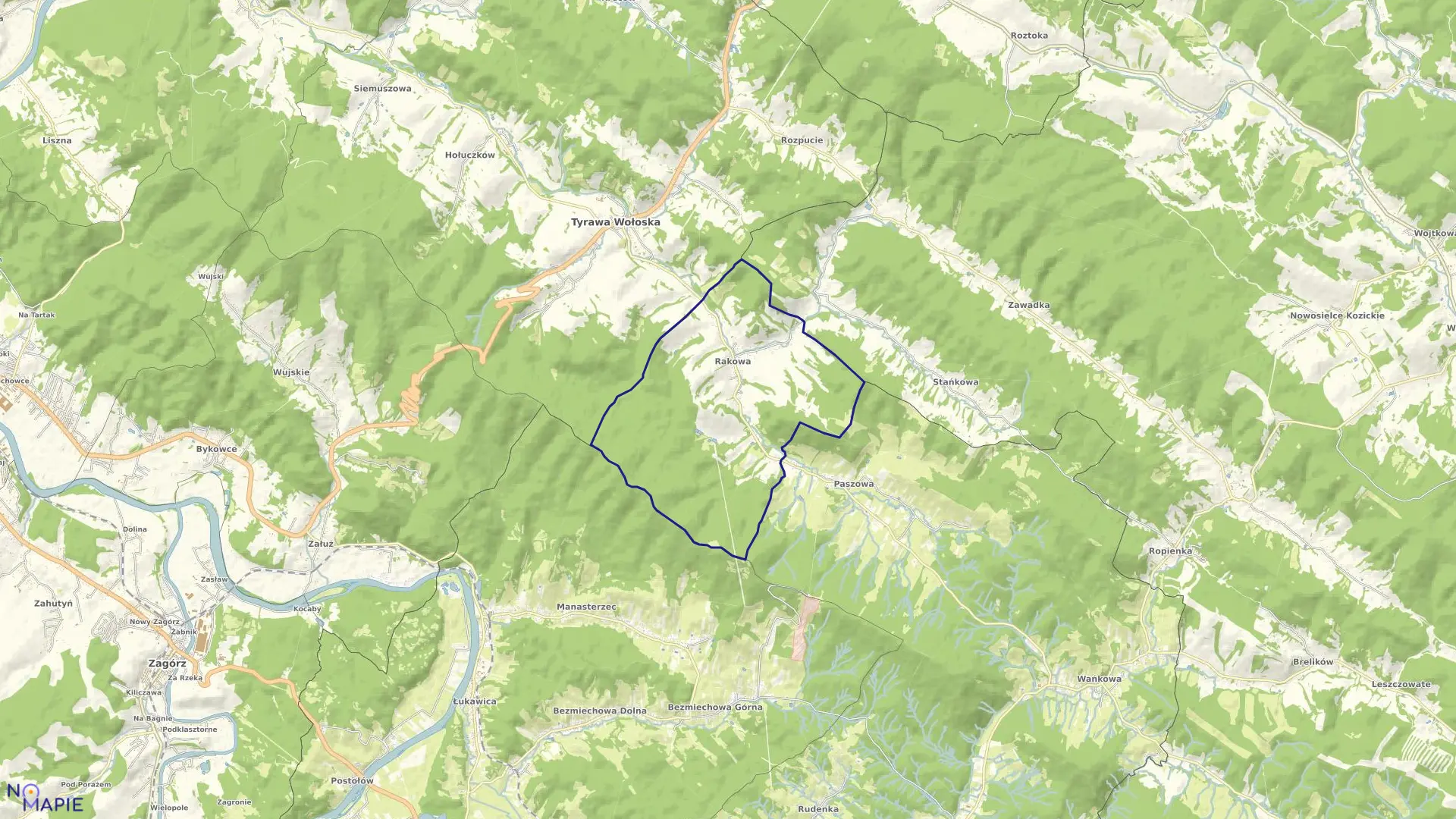 Mapa obrębu Rakowa w gminie Tyrawa Wołoska